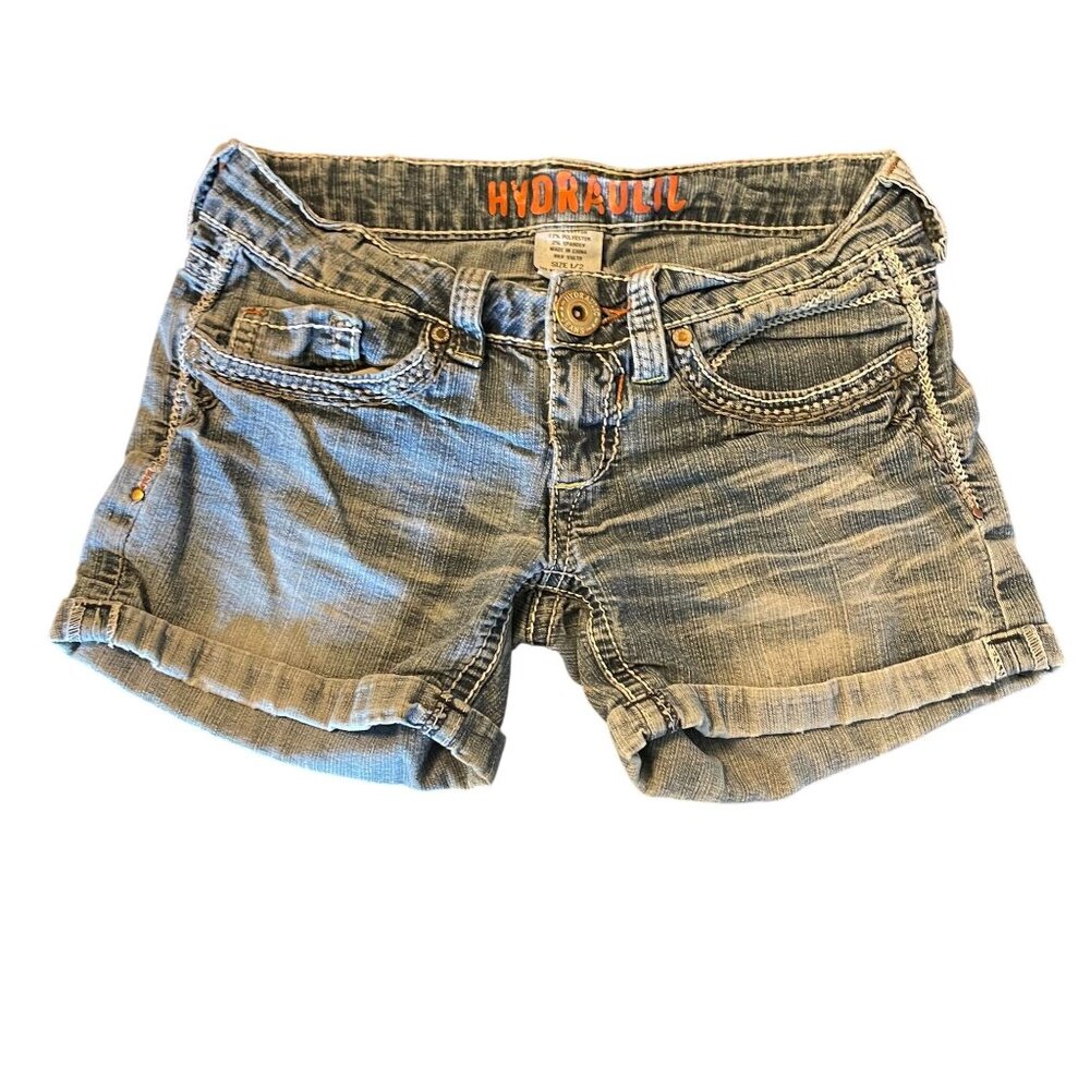 Hydraulic Womens Distressed Denim Shorts Size‎ 1/2  Embroidered Back Pockets